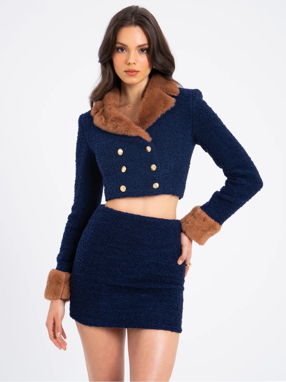 🍁Miss Circle🍁 Rich Navy Wool Bouclé Blend 2-PC Set 💙 Faux-Fur • M 🔥 NWT 🛍️✨